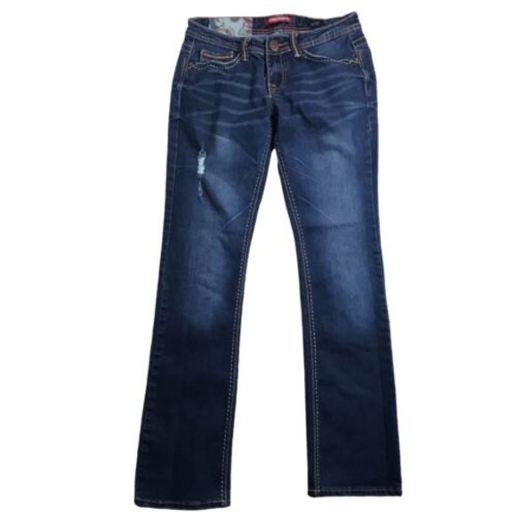 UNIONBAY Skinny Boot Distressed Boho Jean 30x31 Blue Low Rise Embroidered Size 5 - Picture 1 of 12